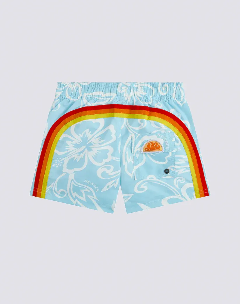 SUNDEK BOYS' SHORT SWIMSUIT WITH ELASTICATED WAIST ARCHIVE HIBISCUS PRINT SK23 - VINTAGE GLACIER