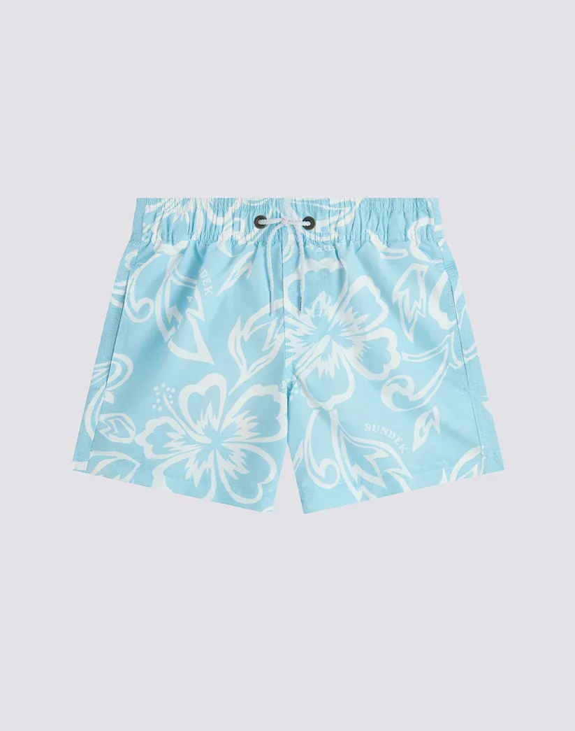 SUNDEK BOYS' SHORT SWIMSUIT WITH ELASTICATED WAIST ARCHIVE HIBISCUS PRINT SK23 - VINTAGE GLACIER