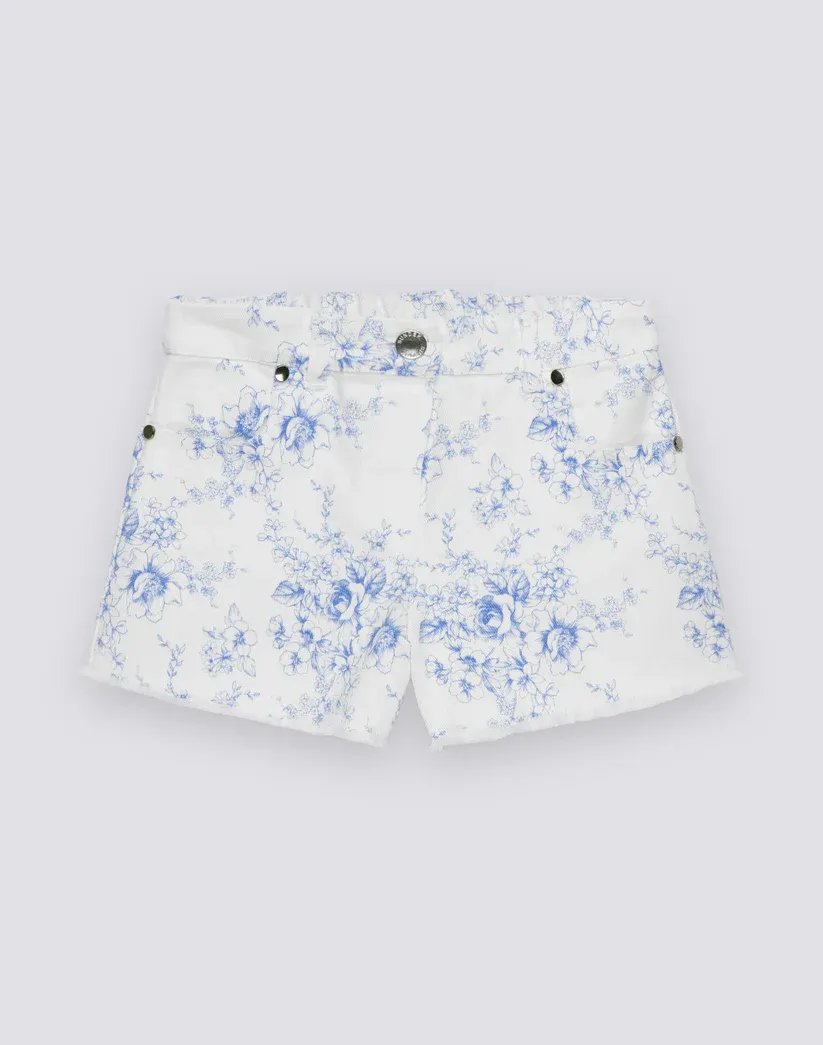 SUNDEK GIRL'S RAW-HEDGED SHORTS IN COTTON BULL WITH ROSE DE JOIE PRINT