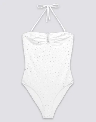 SUNDEK WOMEN'S ONE-PIECE SWIMSUIT WITH RHINESTONES AND COVERED BACK - WHITE