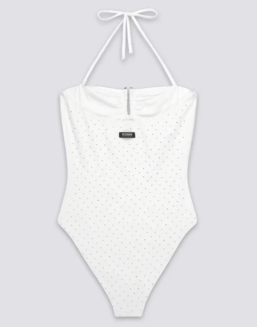 SUNDEK WOMEN'S ONE-PIECE SWIMSUIT WITH RHINESTONES AND COVERED BACK - WHITE