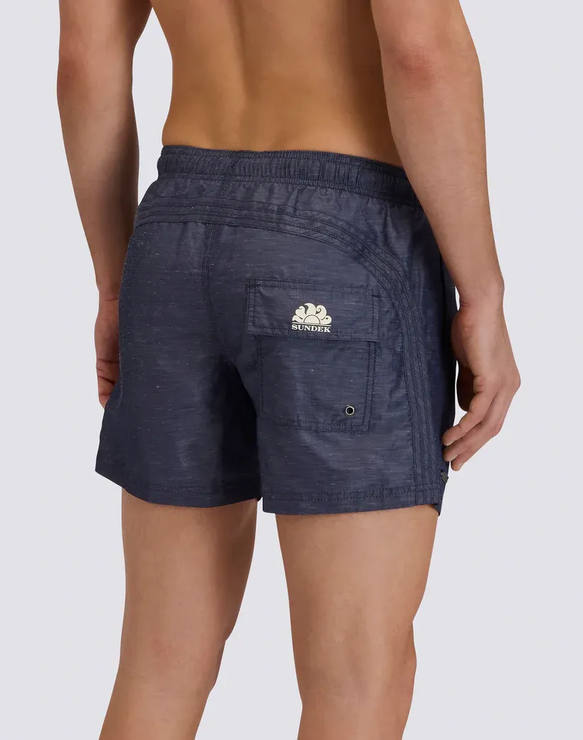 SUNDEK MEN GOLDENWAVE SHORT ELASTIC WAIST SWIMSUIT IN RECYCLED LINEN - DARK NAVY
