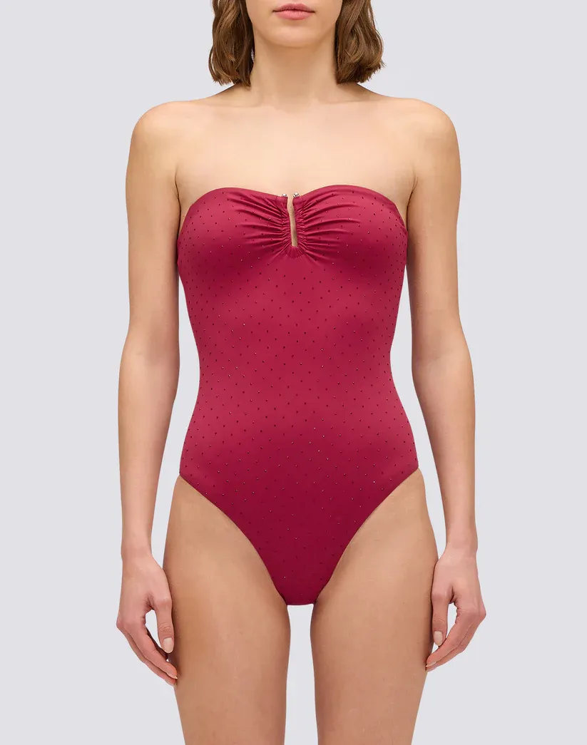 SUNDEK WOMEN'S ONE-PIECE SWIMSUIT WITH RHINESTONES AND COVERED BACK - DEEP SCARLET