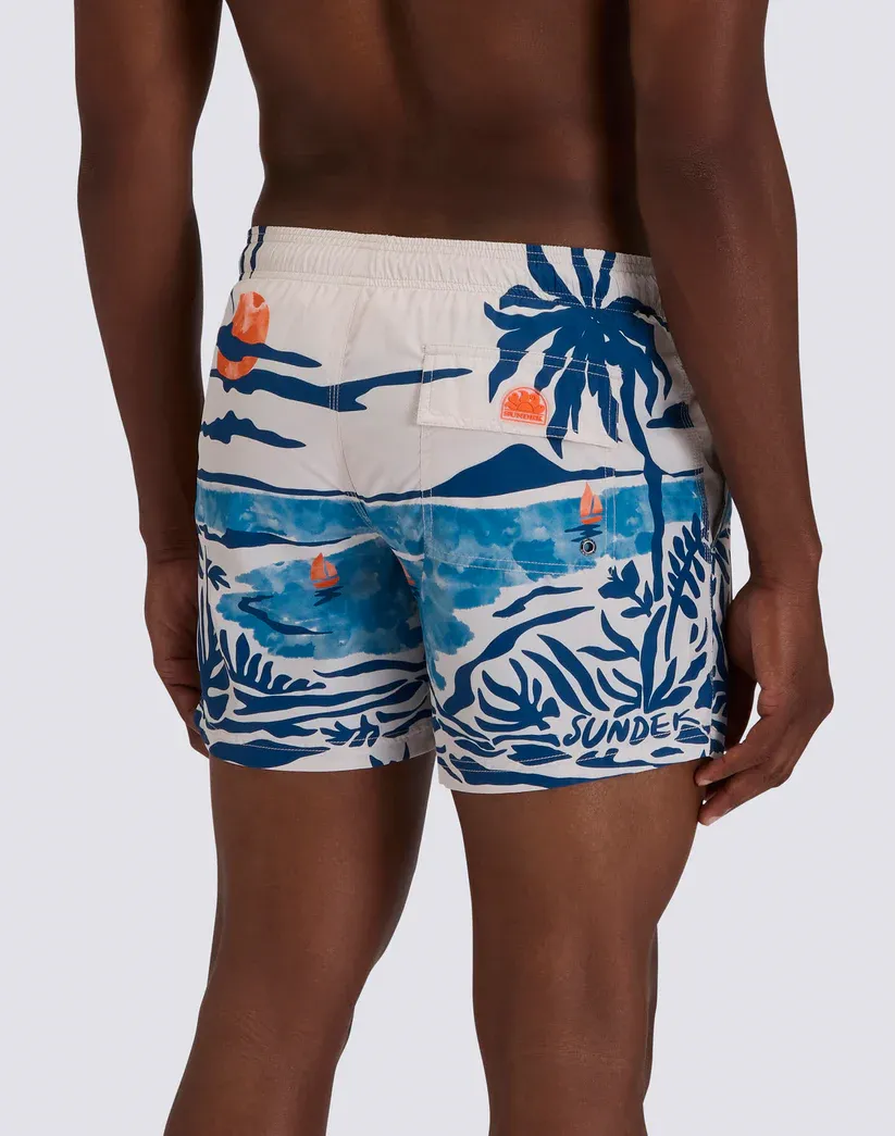 SUNDEK MEN'S SHORT SWIMSUIT WITH ELASTIC WAIST AND NOSTALGIC SEA PRINT IN RECYCLED POLY - MULTICOLOR