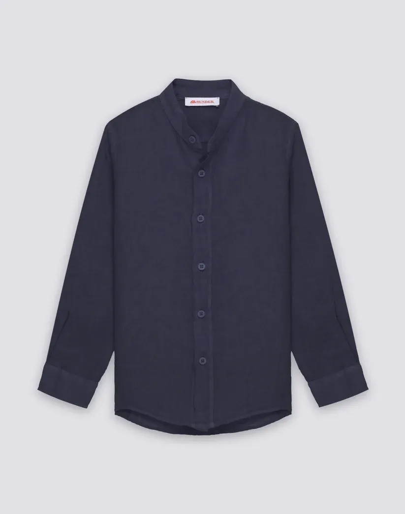 SUNDEK BOYS' LONG-SLEEVED LINEN SHIRT WITH MANDARIN COLLAR - DARK NAVY