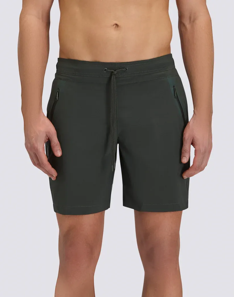 SUNDEK MEN'S MID-LENGTH SEMI-ELASTIC WAISTED STRETCH SWIMSUIT WITH HEAT-SEALED POCKET - PINE