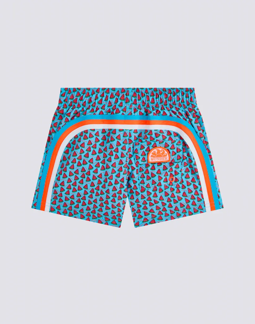SUNDEK BOYS REPREVE® SHORT SWIMSUIT WITH ELASTIC WAIST AND FRUIT FIESTA PRINT