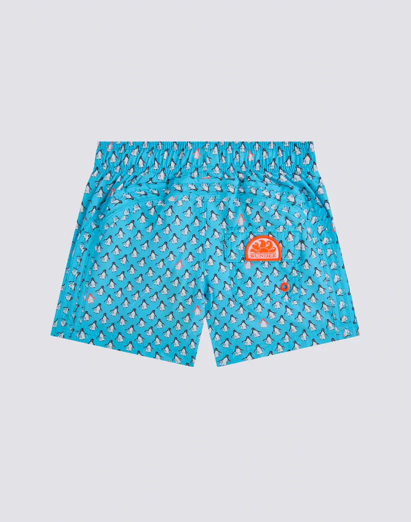 SUNDEK BOYS REPREVE® SHORT SWIMSHORTS WITH ELASTIC WAIST AND PINGU PRINT - LUNAR