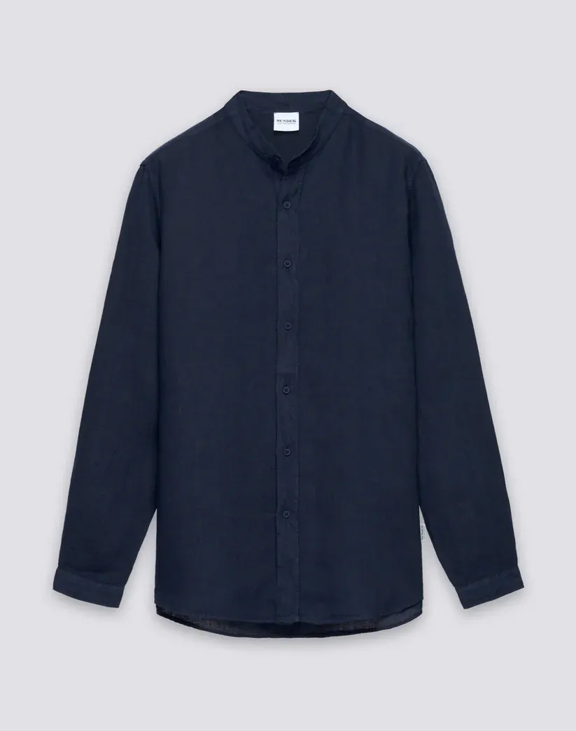SUNDEK MEN'S MANDARIN SHIRT IN GARMENT-DYED LINEN - DARK NAVY