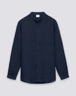 SUNDEK MEN'S MANDARIN SHIRT IN GARMENT-DYED LINEN - DARK NAVY
