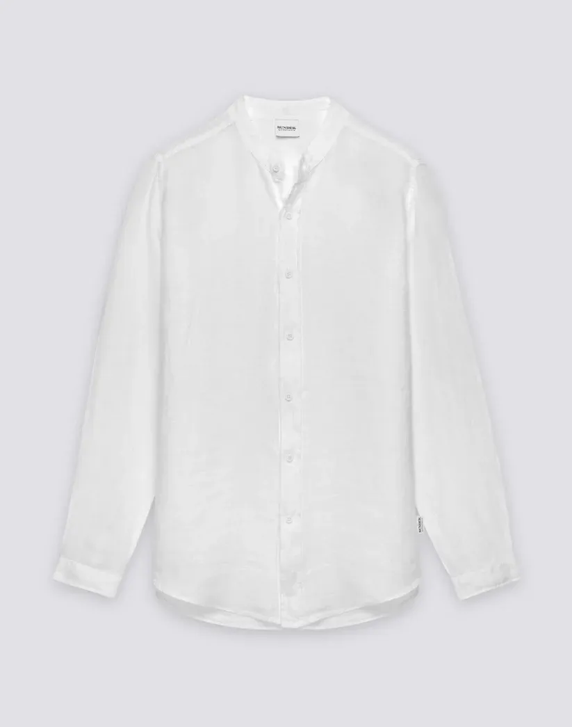 SUNDEK MEN'S MANDARIN SHIRT IN GARMENT-DYED LINEN - WHITE