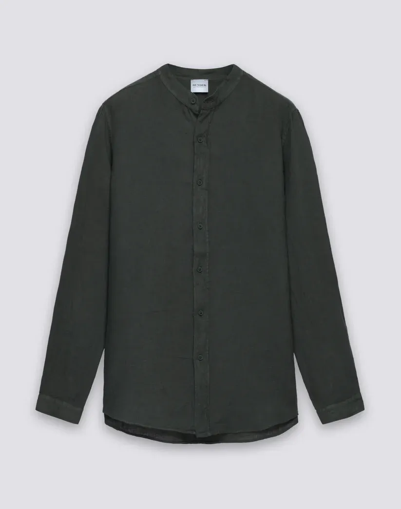 SUNDEK MEN'S MANDARIN SHIRT IN GARMENT-DYED LINEN - PINE