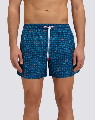 SUNDEK MEN'S SHORT SWIM TRUNKS WITH ELASTIC WAIST, REPREVE® RECYCLED POLYESTER WITH SUNCRAB PRINT - NAVY