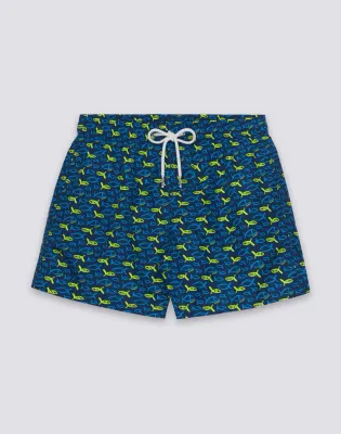 SUNDEK MEN'S SHORT SWIMSUIT WITH ELASTIC WAIST AND FISHAZ PRINT IN RECYCLED POLY - NAVY