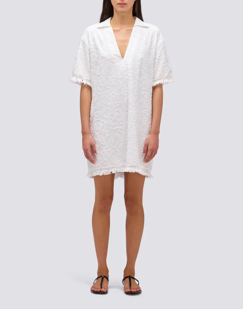 SUNDEK WOMEN SHORT FRINGED JACQUARD TERRY DRESS - WHITE