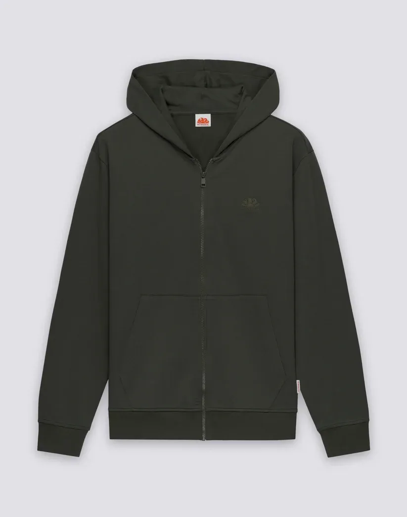 Sundek Men's Dark Green Sweatshirt In Debrushed Cotton With Full Zip And Hood