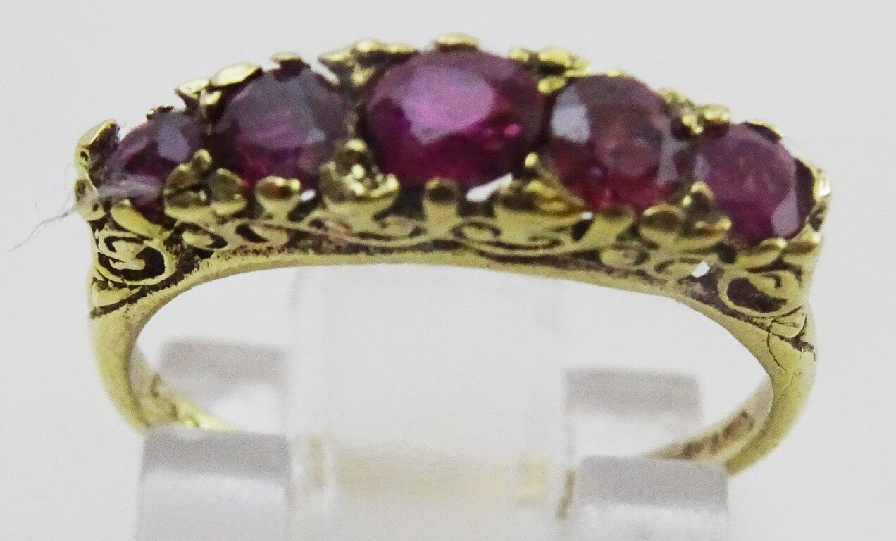 Classic 5 stone ring , 18 karat gold and Ruby Ring.