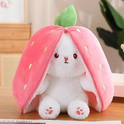 Bunny Stuffed Animal Strawberry Reversible Cuddle Bunny Plush Doll with Zipper Cute Soft Rabbit Toys Pillow for Kids and Adults Easter Bunnies Plushies Gifts
