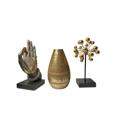 Golden Sanctuary Trio: Mudra Hand, Textured Vase & Sphere Sculpture