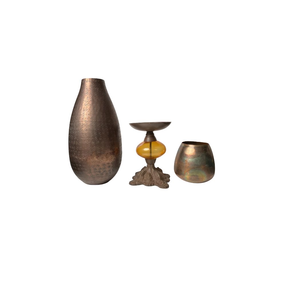 Bronze Tone Vase, Candle Holder & Vessel Trio