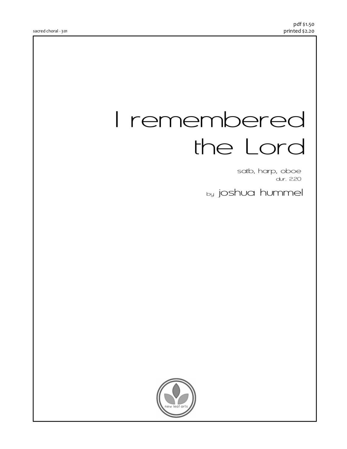 I REMEMBERED THE LORD - SATB, harp, oboe