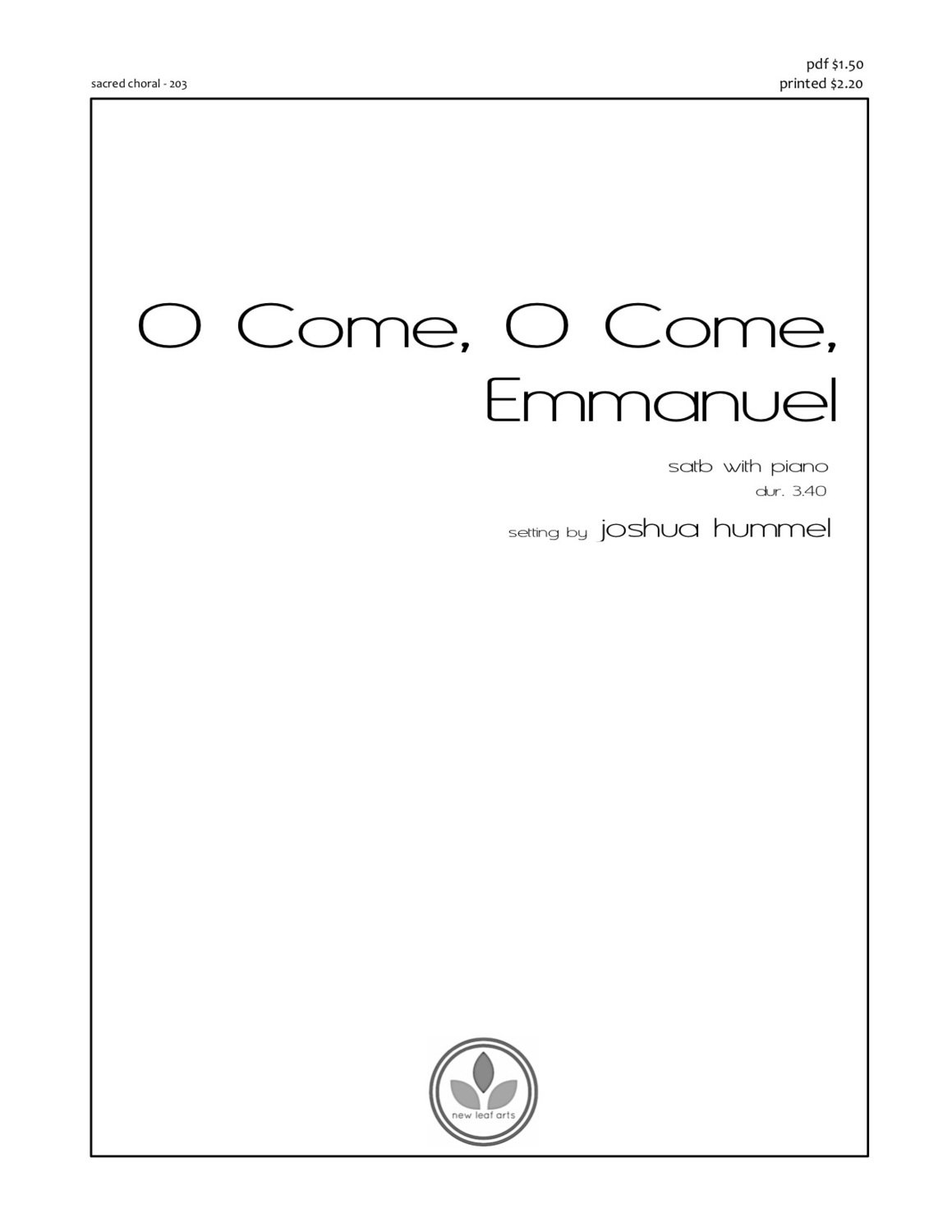 O COME, O COME, EMMANUEL - SATB with piano