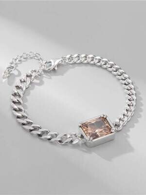 Sterling Silver Glass Stone Geometric Chain Vintage Link Bracelet