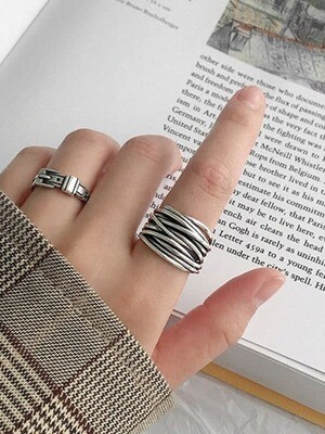 Sterling silver with antique silver plated vintage multi-layer line free size rings