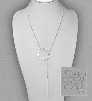 Sterling Silver Long Necklace Featuring Geometric Circle And Bar