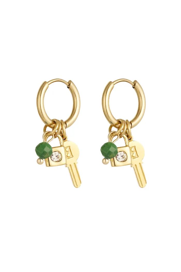 Earrings key with beads - gold/green