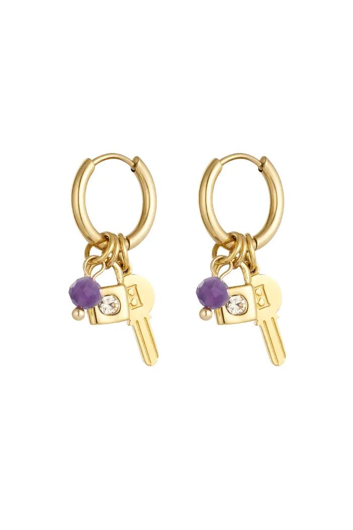 Key earrings with beads - gold/purple