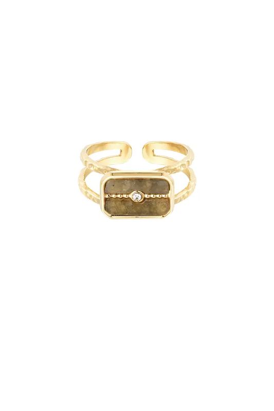 Ring decorated stone - gold/olive green