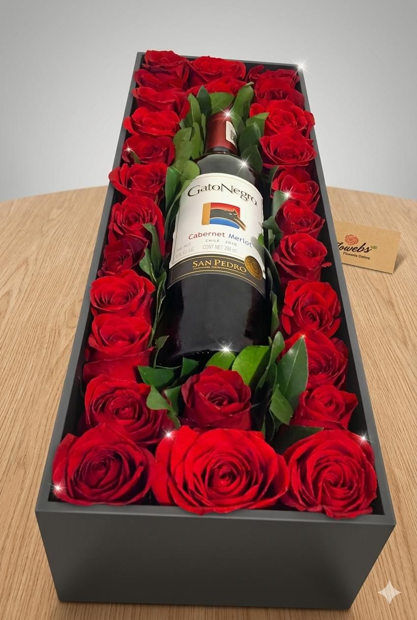 Caja de rosas con vino
