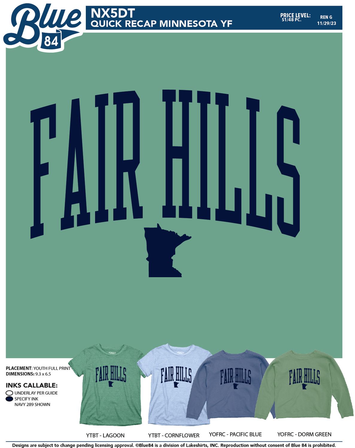 Youth Crew Neck Sweatshirt with Collegiate Fair Hills & State Outline ('24), Color: Pacific Blue, Size: XSmall