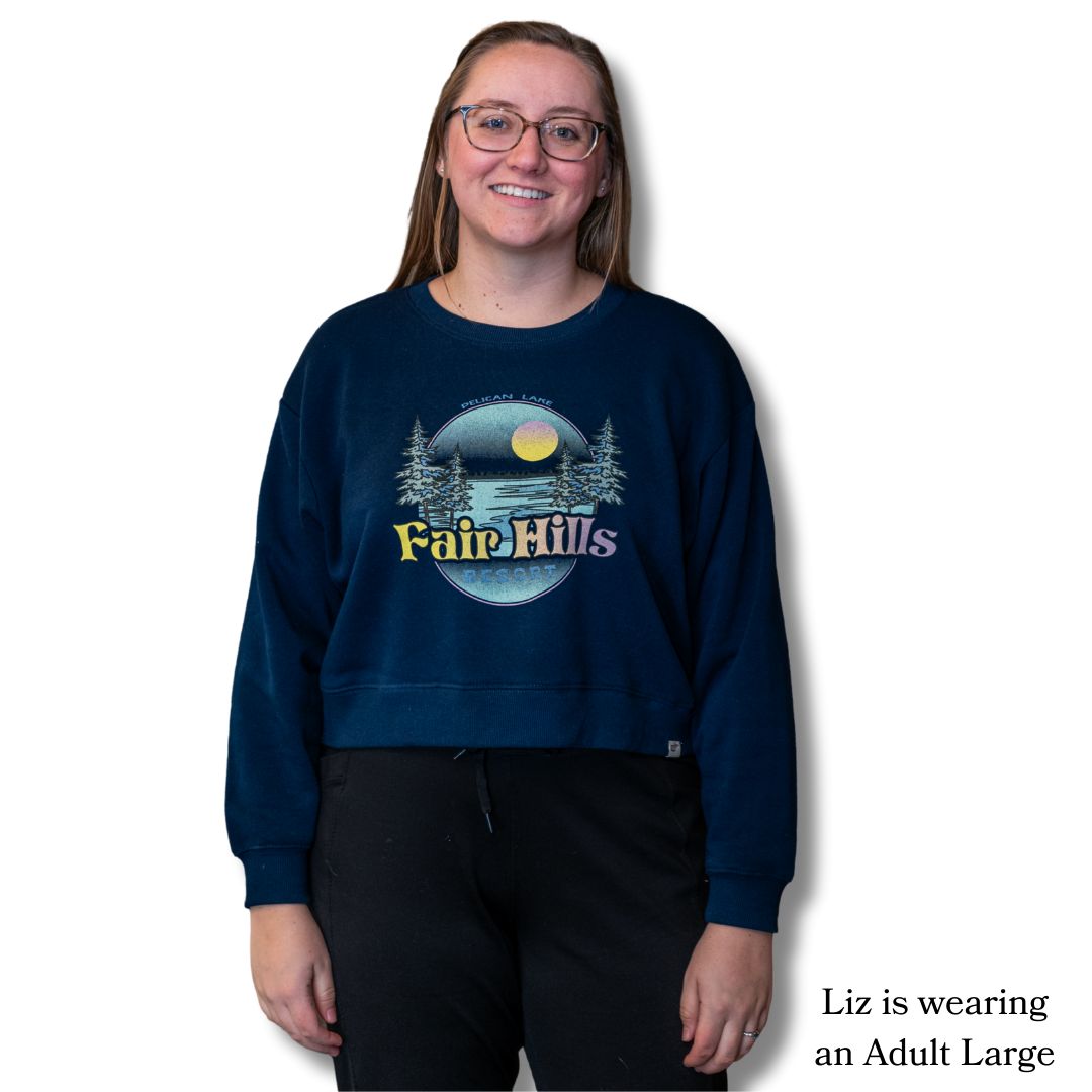Women's Crop Crew Sweatshirt with Lake Scene (FH '25), Color: Navy, Size: Small