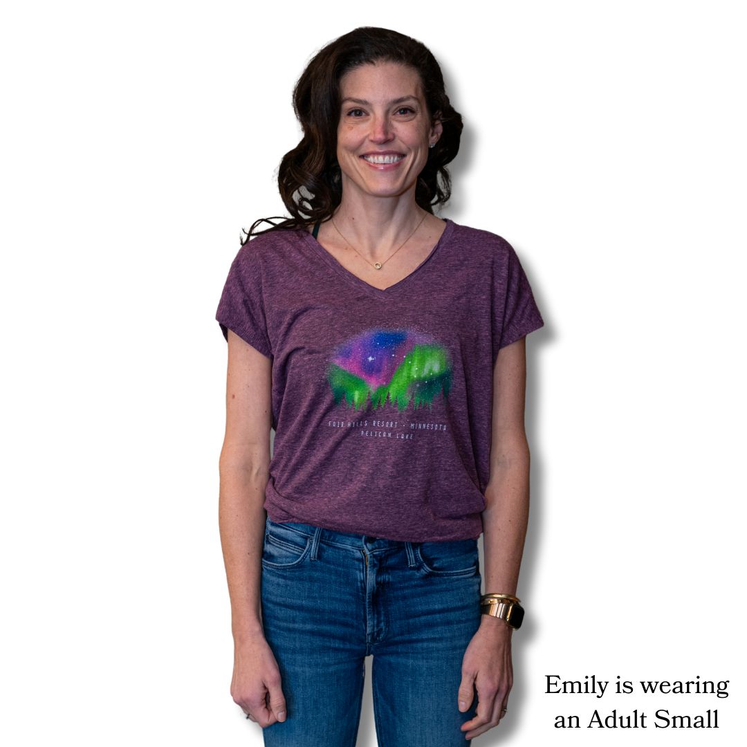 Women's V-Neck T-Shirt with Northern Lights (FH '25), Color: Wild Orchid, Size: Small