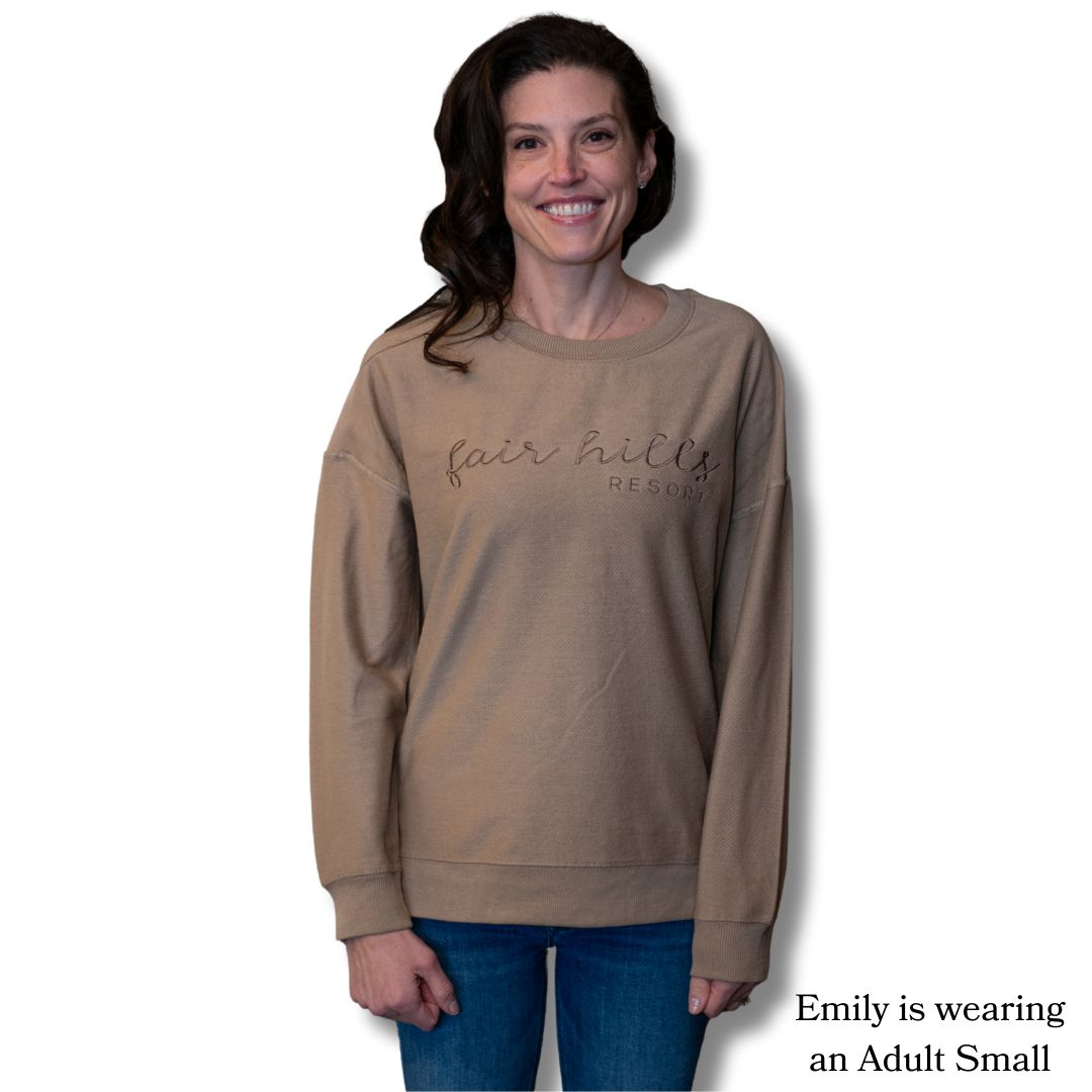 Women's Reverse Terry Crew Sweatshirt with Script (FH '25), Color: Khaki, Size: Small