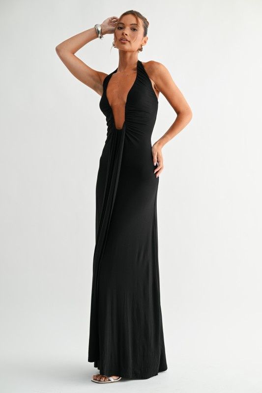 Deep Plunge Halter Maxi Dress