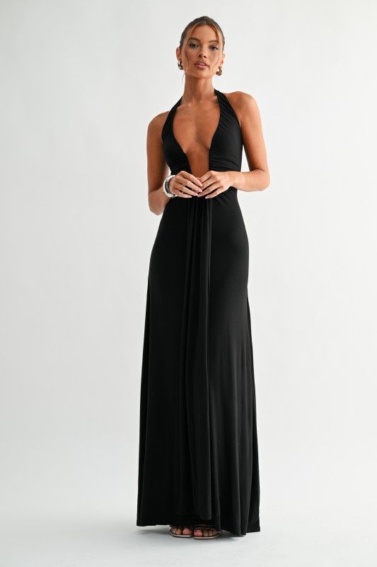 Deep Plunge Halter Maxi Dress
