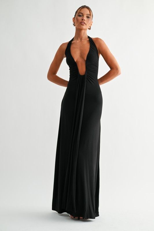 Deep Plunge Halter Maxi Dress