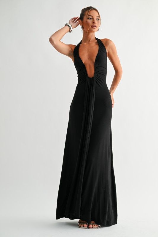 Deep Plunge Halter Maxi Dress