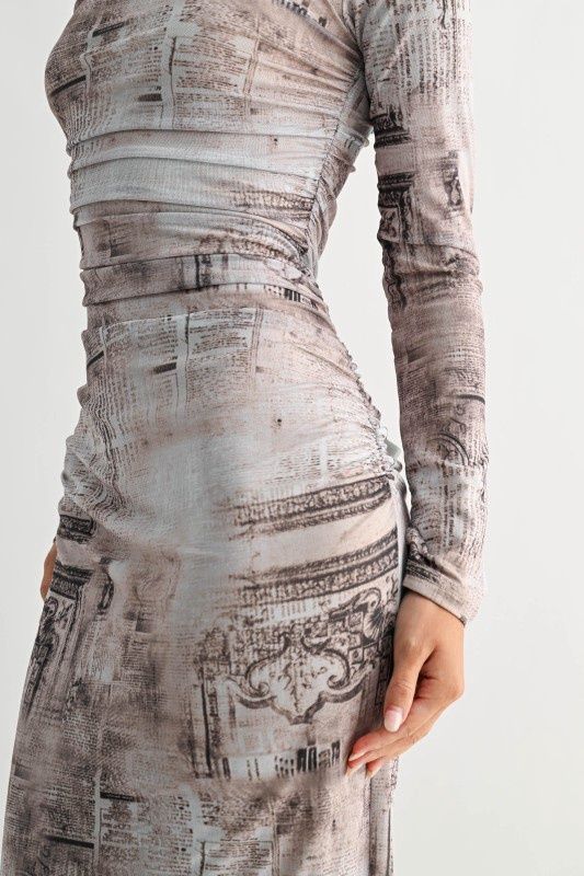 Architectural Print Long Sleeve Maxi Dress