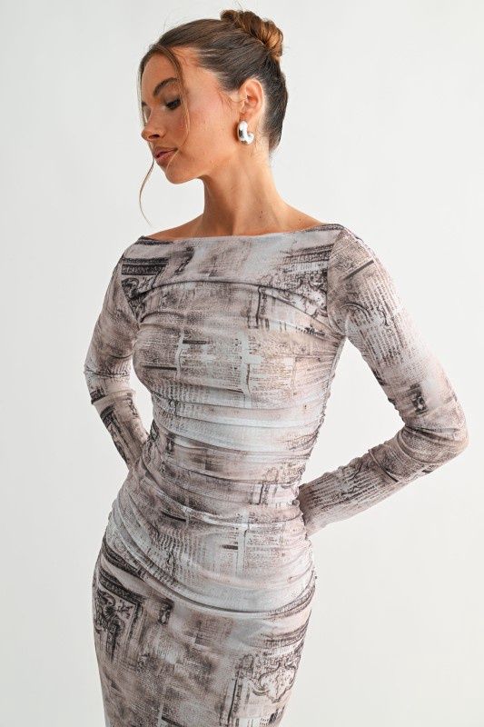 Architectural Print Long Sleeve Maxi Dress