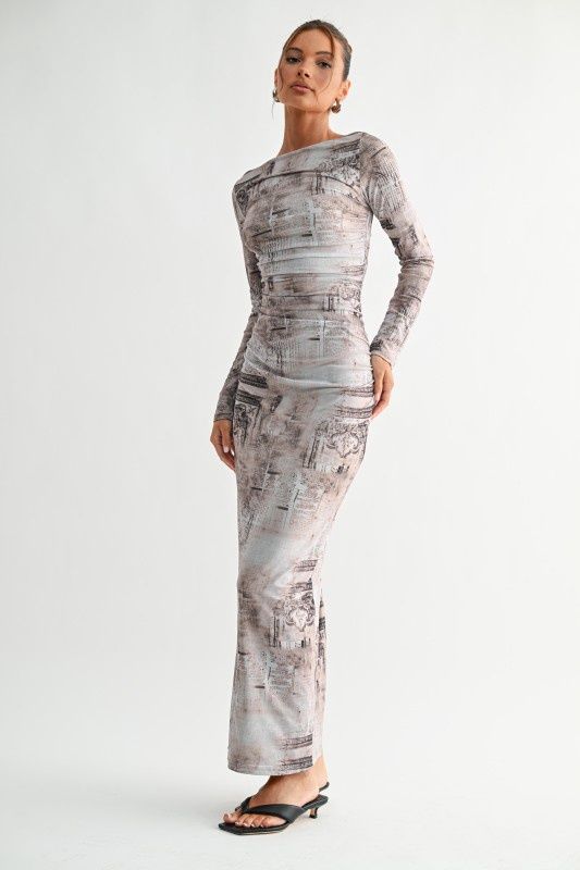 Architectural Print Long Sleeve Maxi Dress