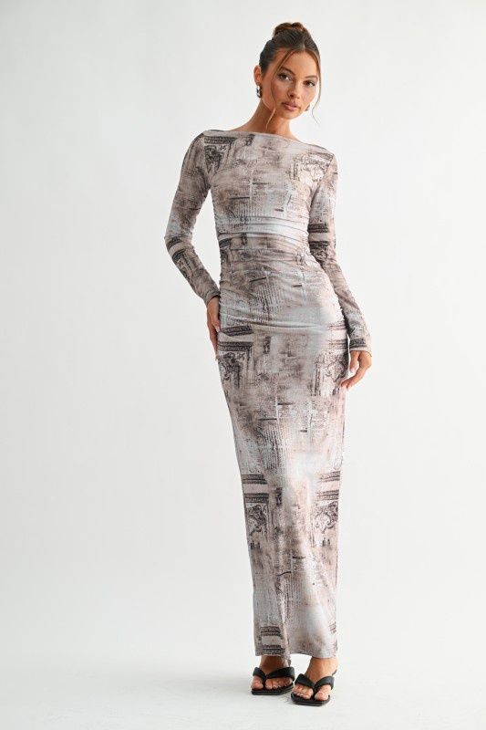 Architectural Print Long Sleeve Maxi Dress