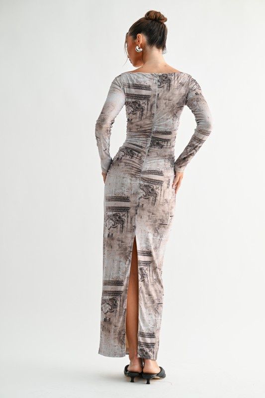 Architectural Print Long Sleeve Maxi Dress