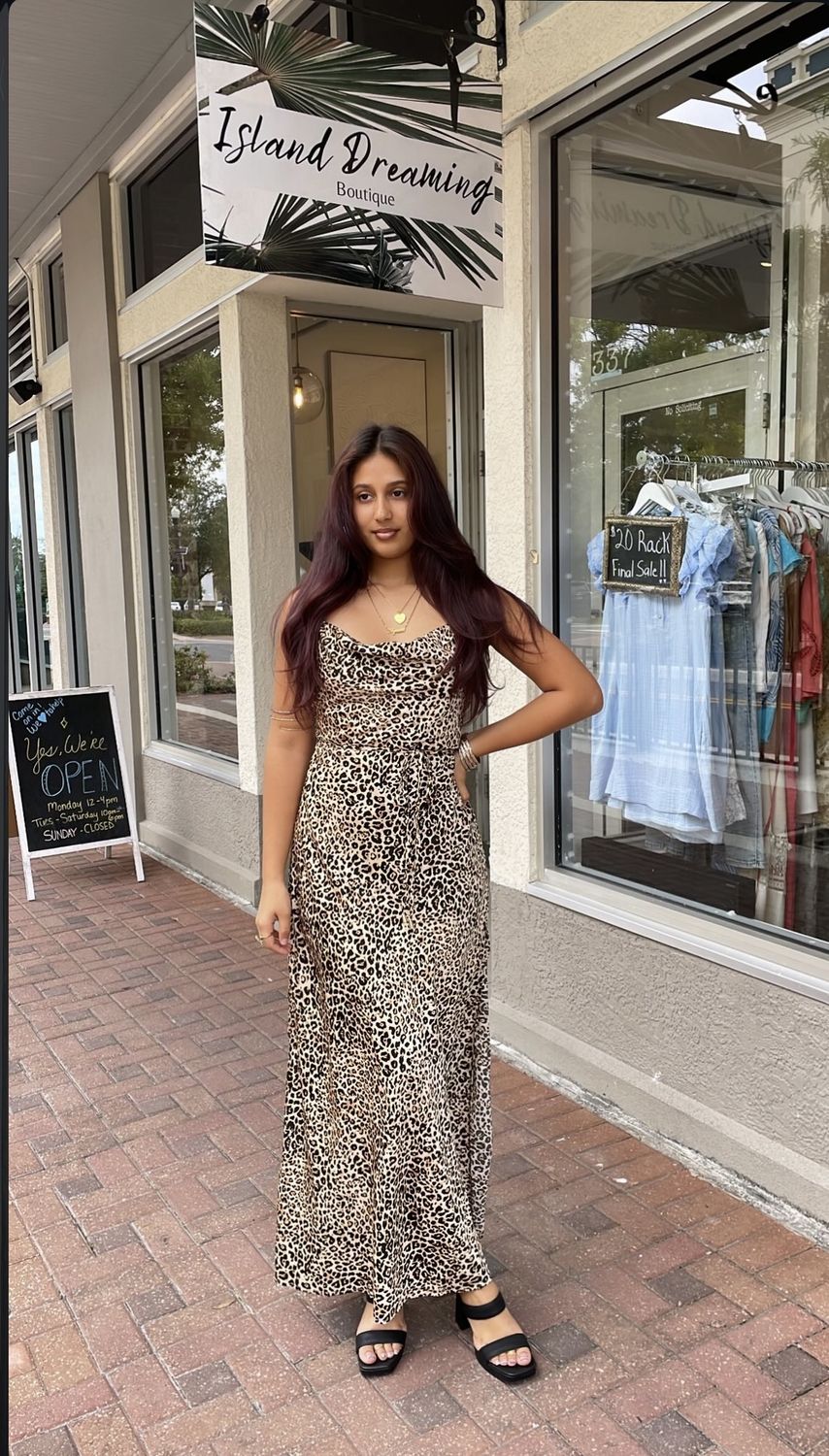 Leopard Print Cowl Neck Maxi Dress