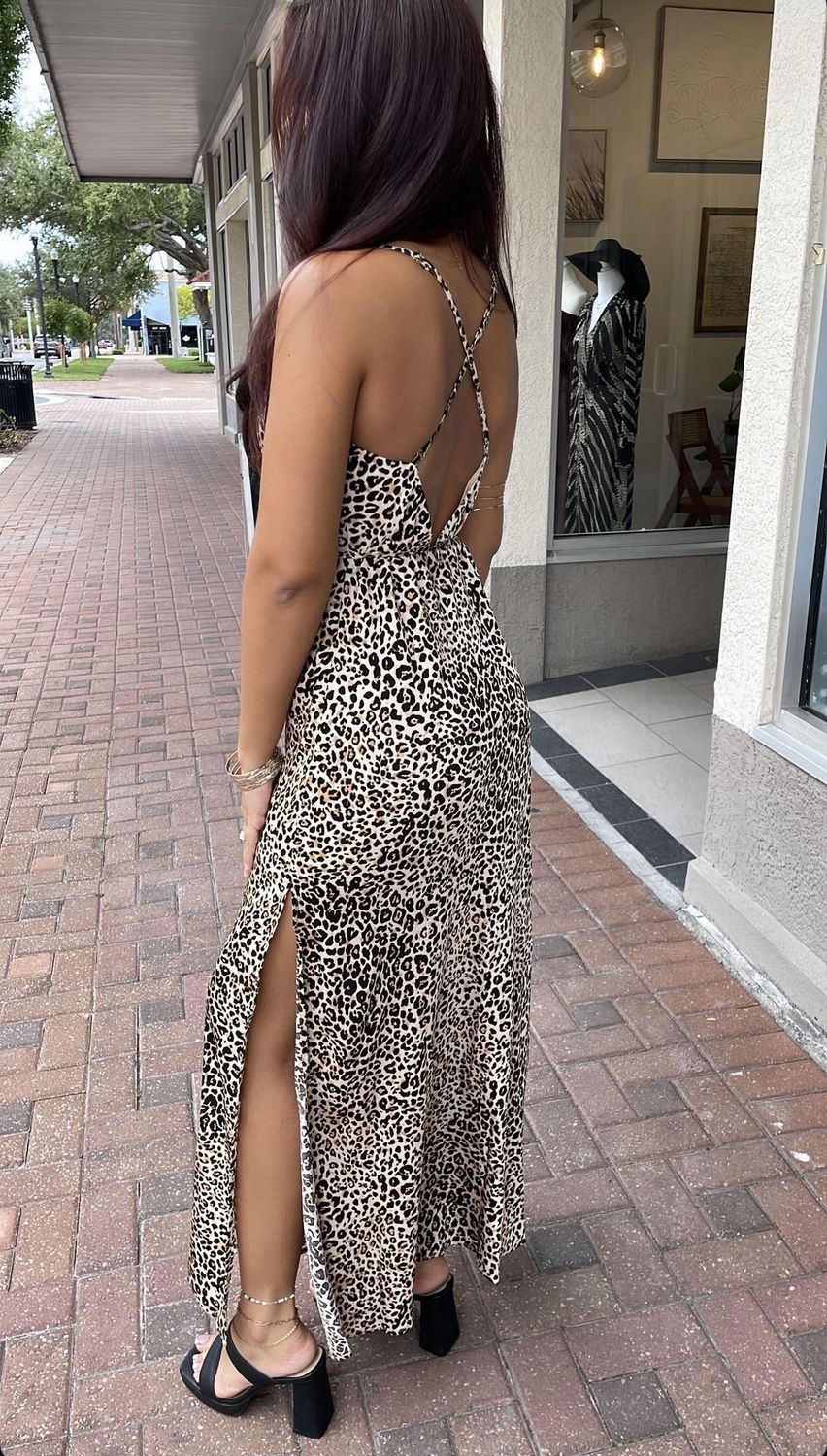 Leopard Print Cowl Neck Maxi Dress