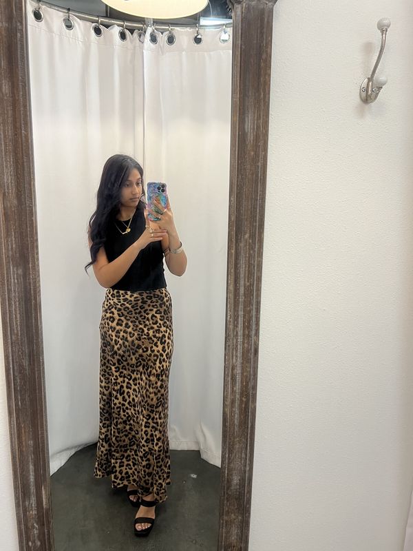 Satin Leopard Print Maxi Skirt
