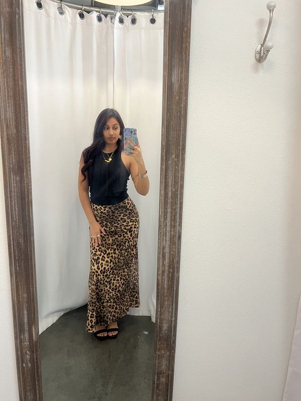 Satin Leopard Print Maxi Skirt
